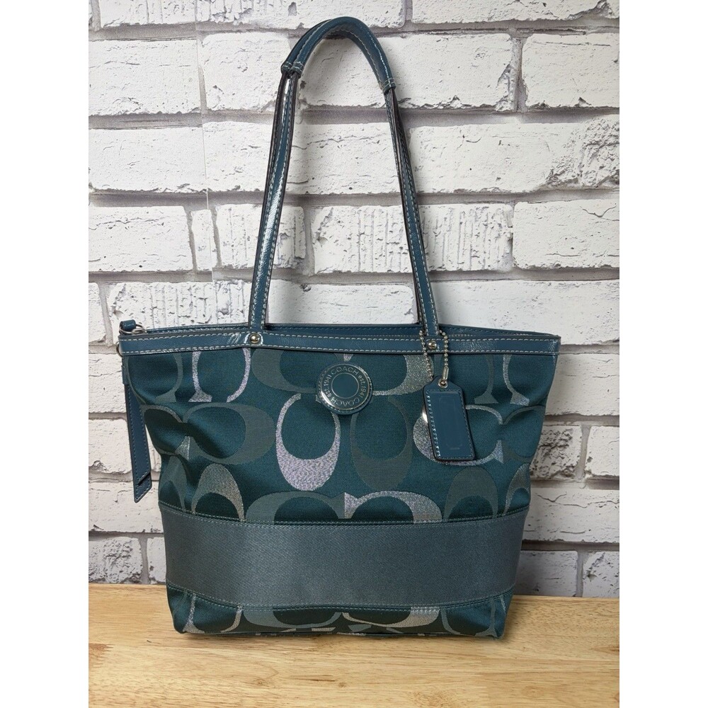 Coach Signature Teal And Silver C Metallic Shoulder Bag Double Handles Vintage
